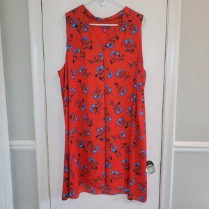 Vince Camuto Size XL Red With Blue Flower Floral Print Flowy V Neck Dress